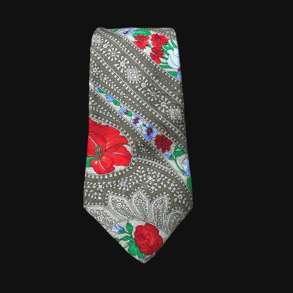 Leonard Paris Maus & Hoffman Mens Silk Tie Paisley Floral Red Green Italy France